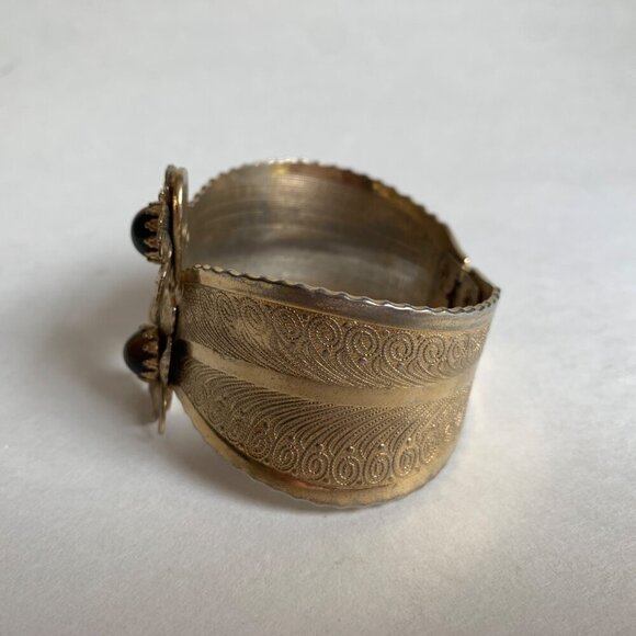 Vintage Tigerstone Gold Toned Clamp Cuff Bracelet Leaf Floral - Picture 5 of 7